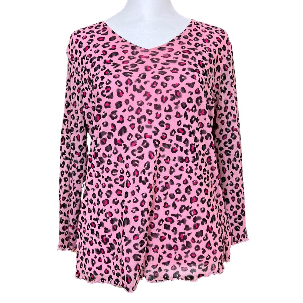 Laura Ashley Y2K Pink Cheetah Print Mesh Lettuce Hem Top Size Medium